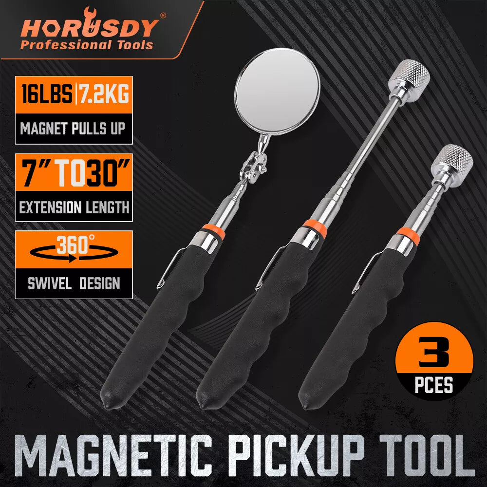 3-Piece Magnetic Pick-Up Tool Set – 16LB Telescopic Magnets + 360° Inspection Mirror