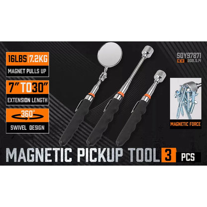 3-Piece Magnetic Pick-Up Tool Set – 16LB Telescopic Magnets + 360° Inspection Mirror