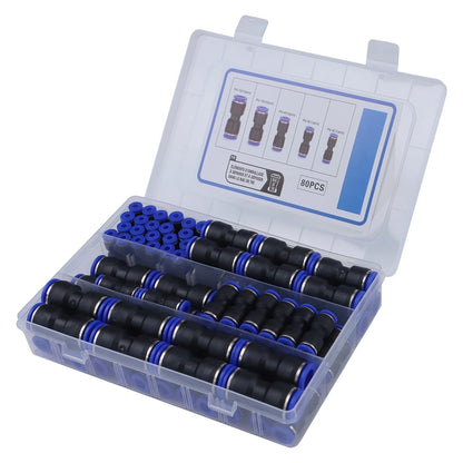 80pc Push Fit Straight Connectors Assortment Kit – 1/2", 3/8", 5/16", 1/4", 5/32" – Suits 4–12mm Tube (Air/Water Line Fittings) - South East Clearance Centre