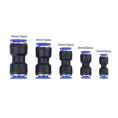 80pc Push Fit Straight Connectors Assortment Kit – 1/2", 3/8", 5/16", 1/4", 5/32" – Suits 4–12mm Tube (Air/Water Line Fittings) - South East Clearance Centre