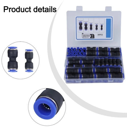 80pc Push Fit Straight Connectors Assortment Kit – 1/2", 3/8", 5/16", 1/4", 5/32" – Suits 4–12mm Tube (Air/Water Line Fittings) - South East Clearance Centre