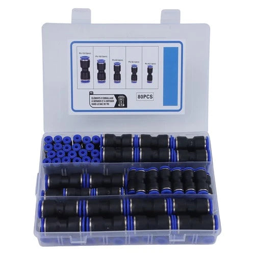 80pc Push Fit Straight Connectors Assortment Kit – 1/2", 3/8", 5/16", 1/4", 5/32" – Suits 4–12mm Tube (Air/Water Line Fittings) - South East Clearance Centre