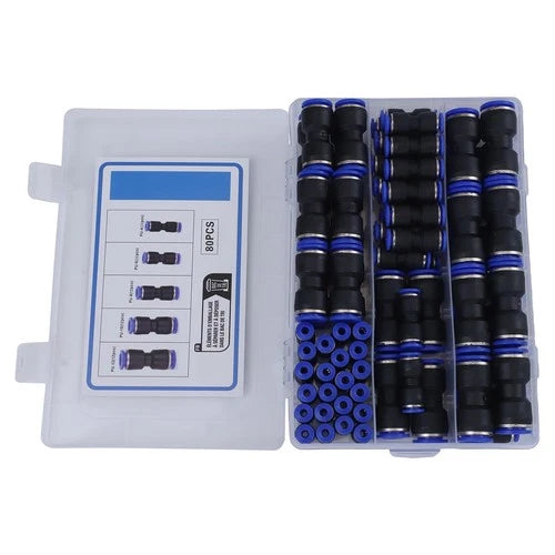 80pc Push Fit Straight Connectors Assortment Kit – 1/2", 3/8", 5/16", 1/4", 5/32" – Suits 4–12mm Tube (Air/Water Line Fittings) - South East Clearance Centre