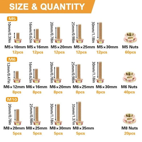 240-Piece 8.8 Grade Hexagon Flange Bolt & Nut Assortment Kit (M5–M8) - South East Clearance Centre