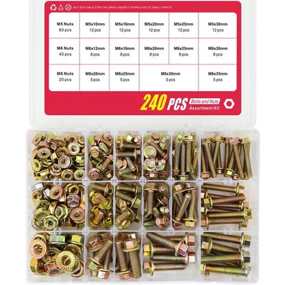 240-Piece 8.8 Grade Hexagon Flange Bolt & Nut Assortment Kit (M5–M8) - South East Clearance Centre