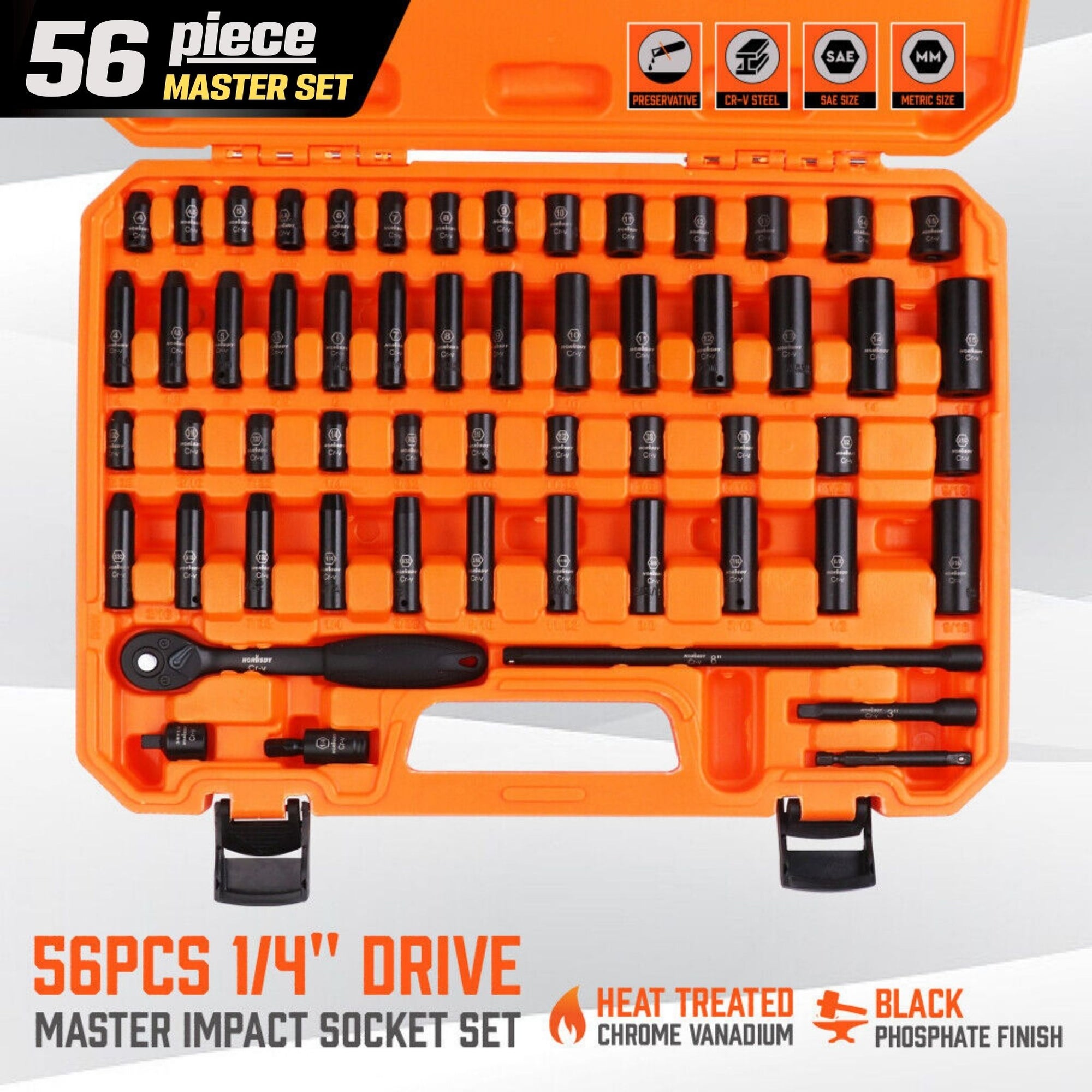 56 Piece 1/4" Drive Master Deep Impact Socket Set | Metric & Imperial with Extension Bar - South East Clearance Centre
