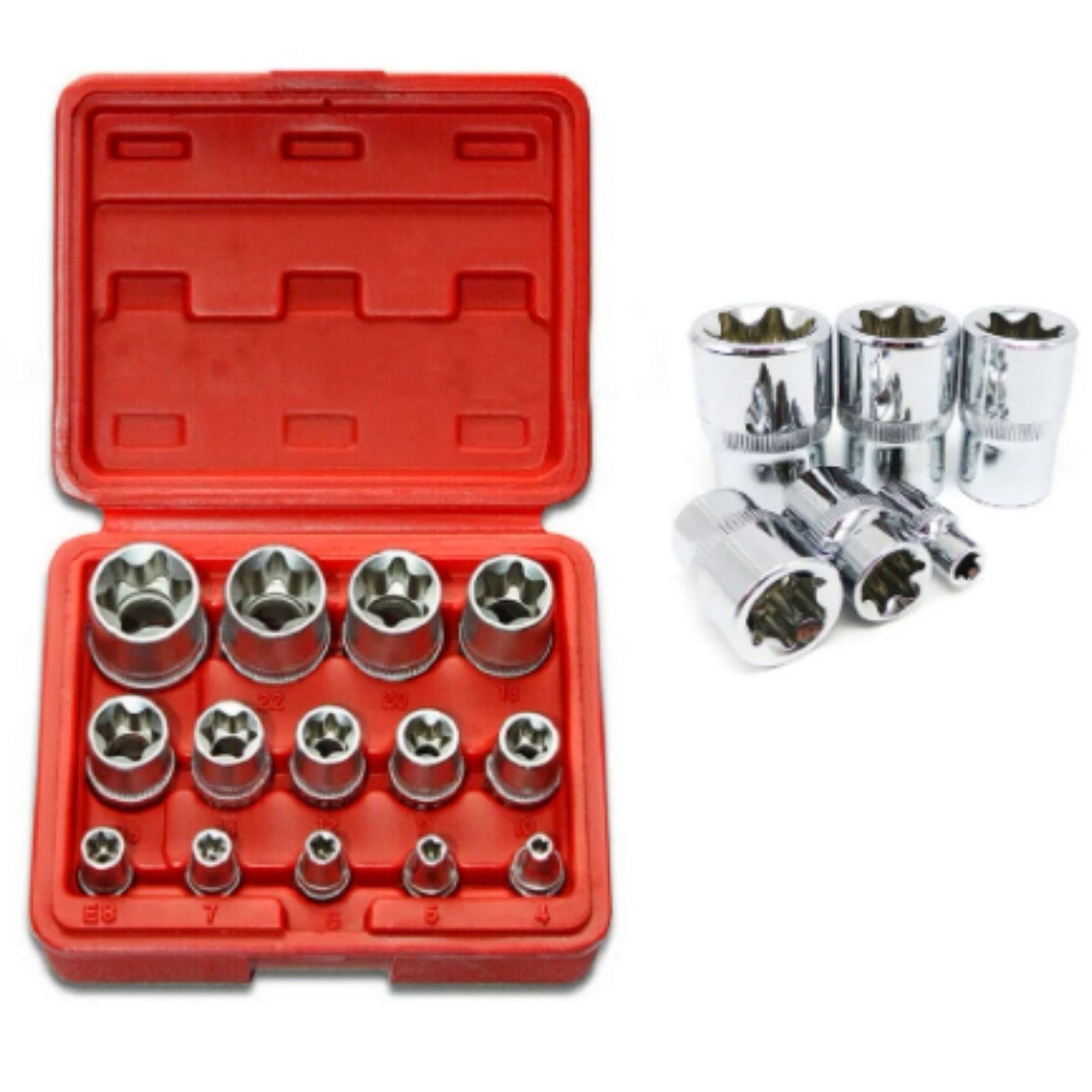 14-Pieces Female E-TORX Star Socket Set with Red Case, 1/4" 3/8" 1/2" Drive, Female External Star Socket Set - (E4 - E24) - South East Clearance Centre