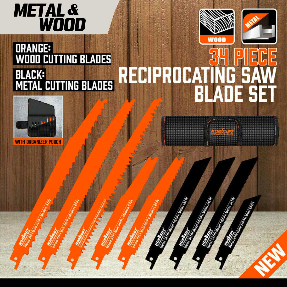 34 Piece Reciprocating Saw Blade Set with organiser pouch 224TPI Wood, Metal, Sheet Cutting