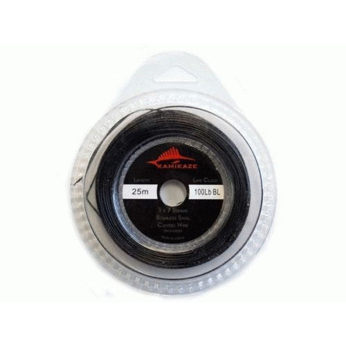 KAMIKAZE 1x7 Coated Black Wire 100lb 25m with Crimps - South East Clearance Centre