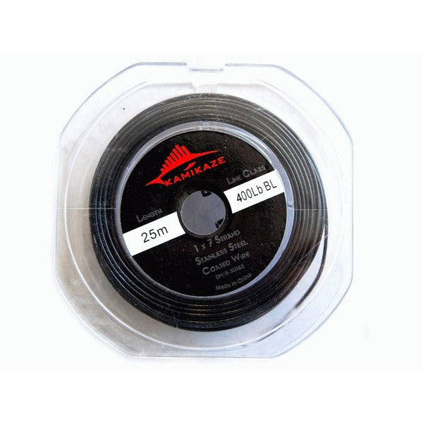 KAMIKAZE 1x7 Coated Black Wire 400lb 25m with Crimps - South East Clearance Centre