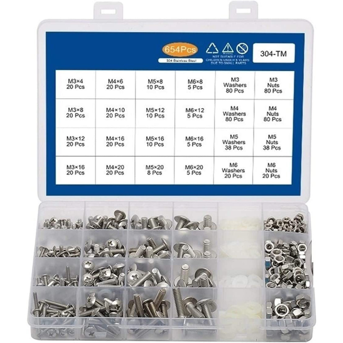 654 Piece Stainless Steel M3 M4 M5 M6 Phillips Muchsroom Head Screw Nut Bolt Washer Assortment Kit - South East Clearance Centre