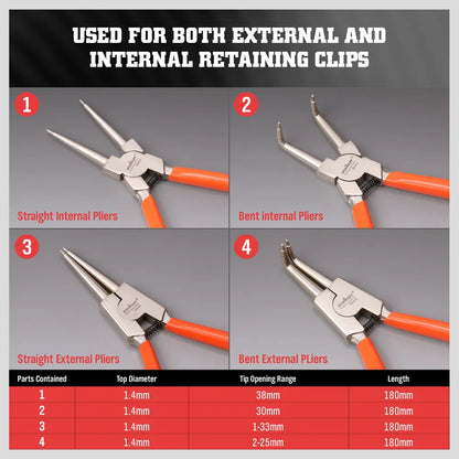 4-Piece 7″ Circlip Pliers Set | Internal, External, Bent, Straight Snap - South East Clearance Centre