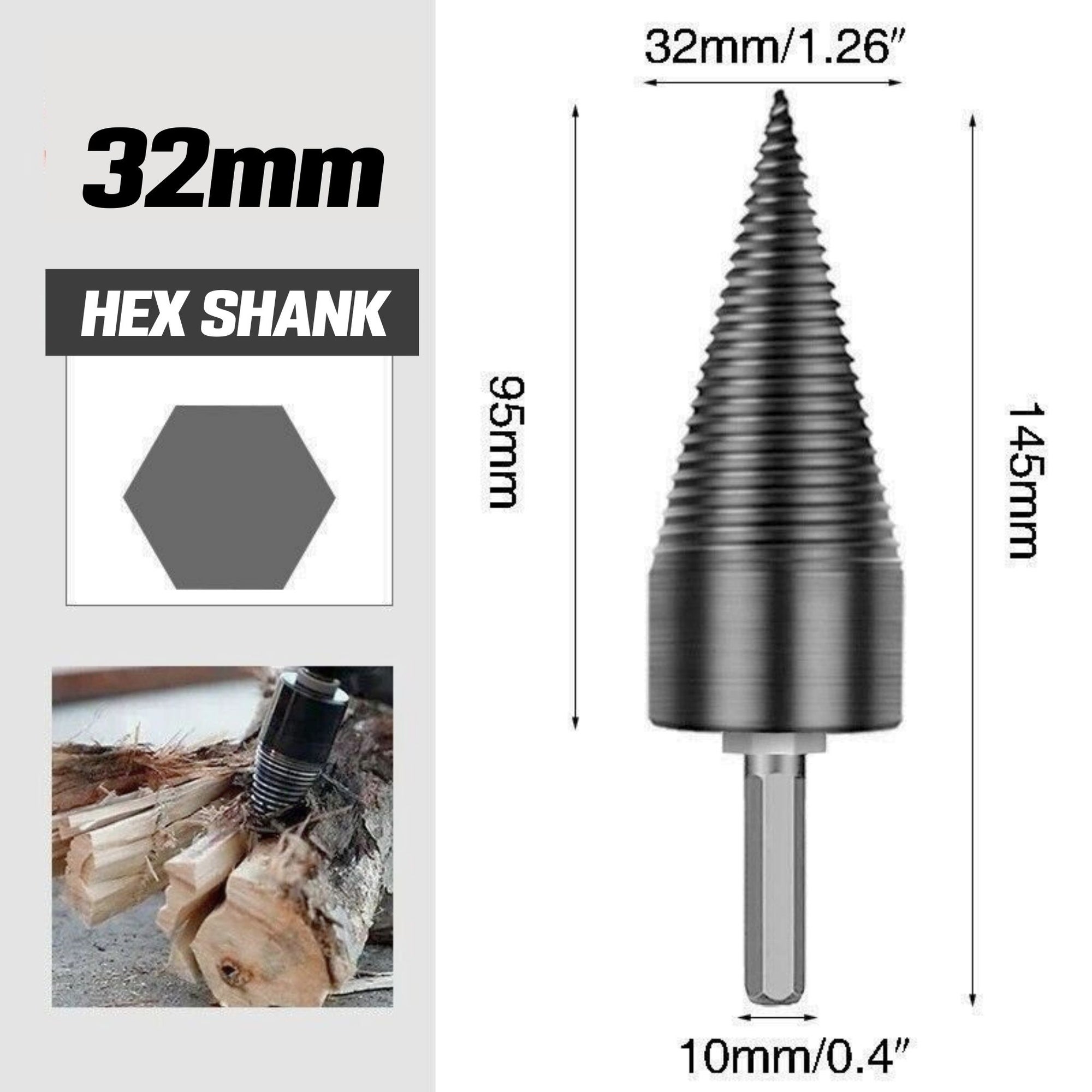 32mm Firewood Drill Bit | Wood Log Splitting Cone | Hex Shank - South East Clearance Centre