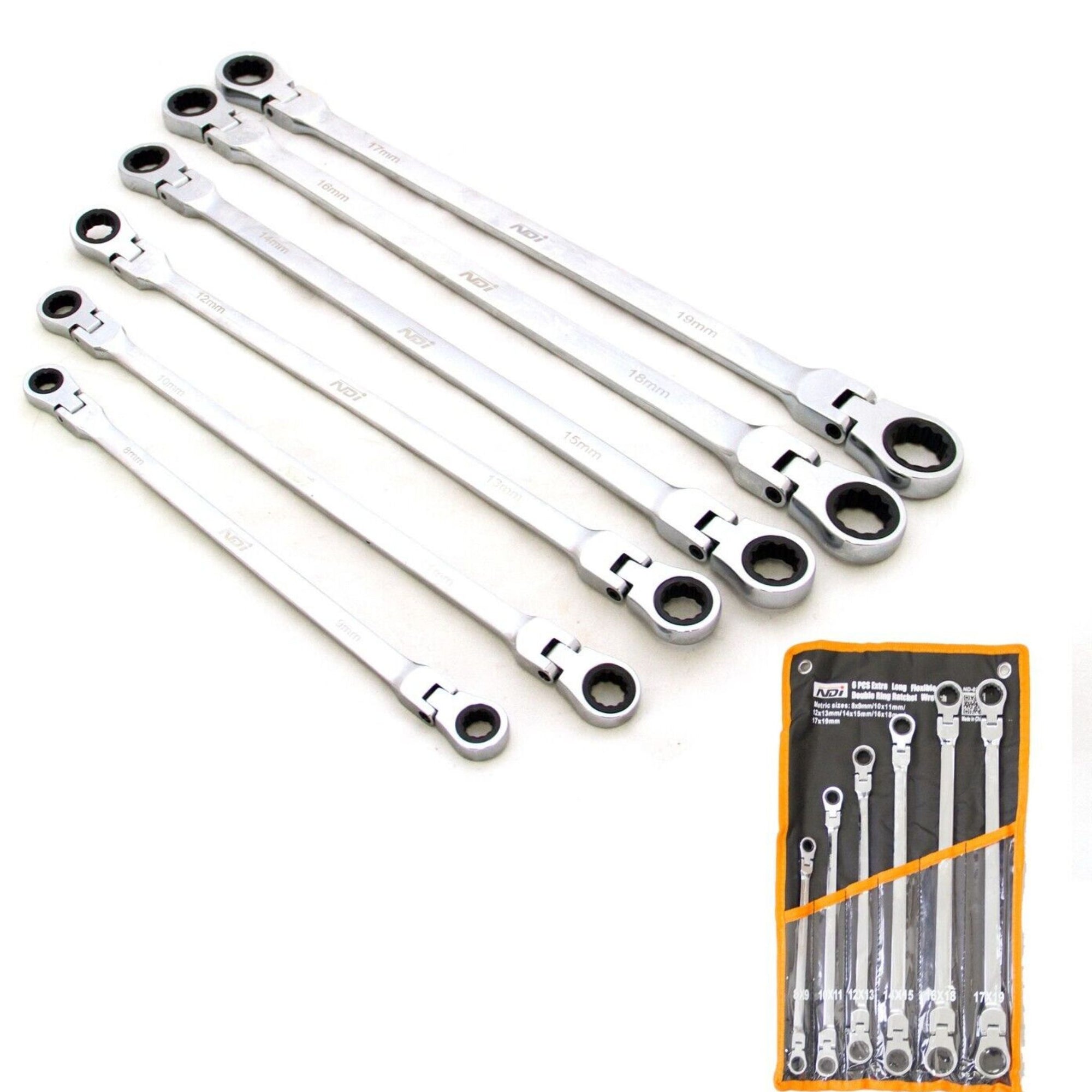 6 piece Flexible Double Ring Extra Long Ratchet Spanner Wrench Set+Pouch - South East Clearance Centre