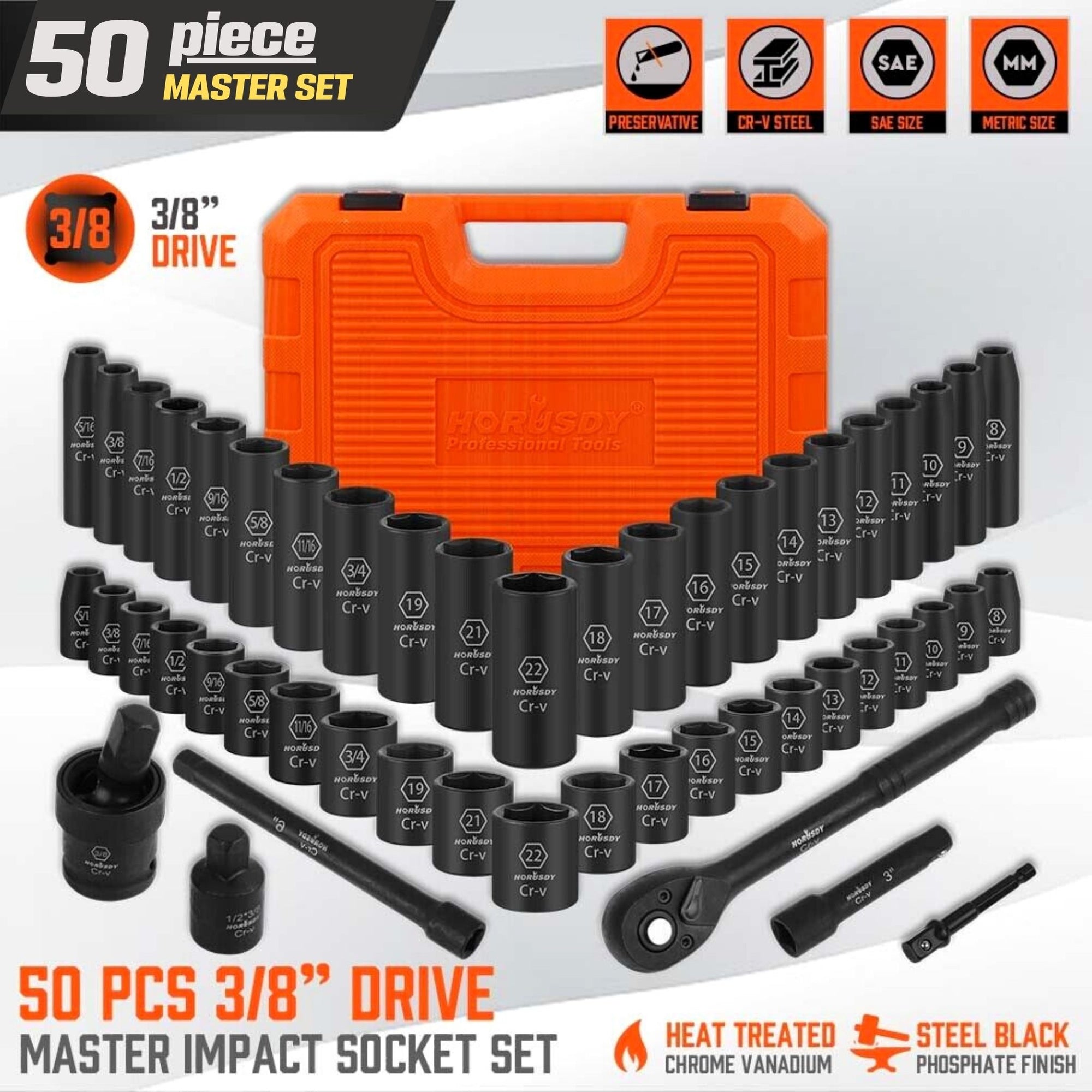 Master Deep Impact Socket Set | 50 Piece Set | Metric, SAE, 3/8", CRV, Flexible Adapter, Ratchet - South East Clearance Centre