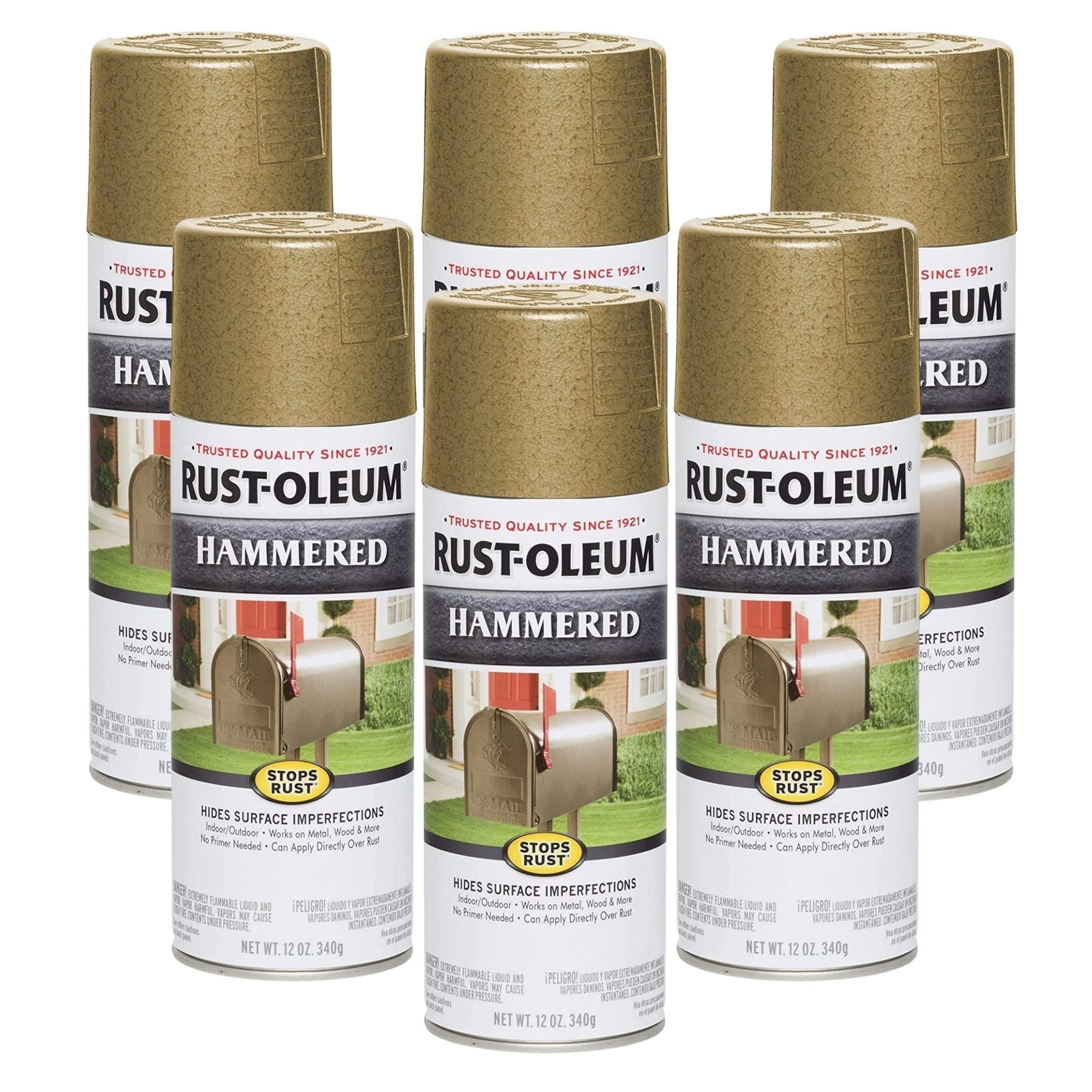 Rustoleum STOPS RUST SPRAY PAINT AND RUST PREVENTION - Hammered Gold (6 Cans) - South East Clearance Centre