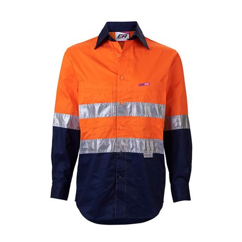 Women's Hi-Vis Long Sleeve Shirt Taped Two-Tone 155gsm - ORANGE/NAVY - W1155 - South East Clearance Centre