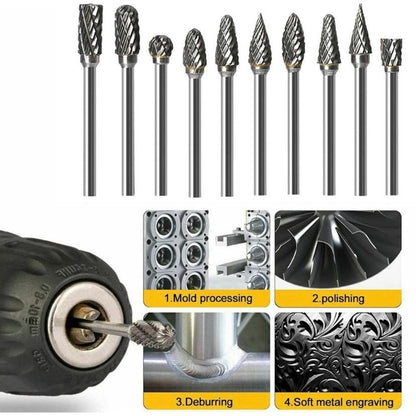 10 piece Tungsten Carbide Steel Rotary Files Burr Set - South East Clearance Centre