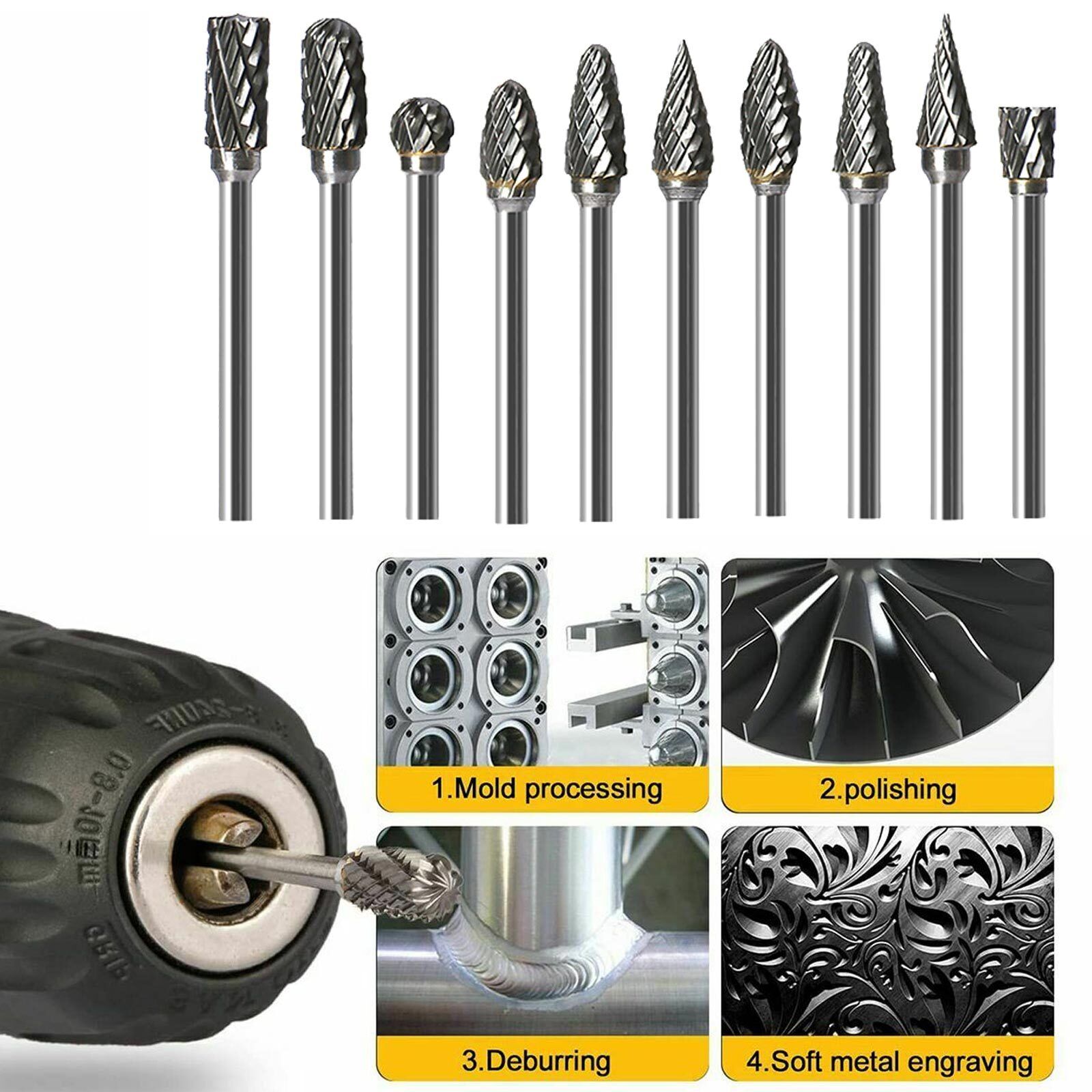10 piece Tungsten Carbide Steel Rotary Files Burr Set - South East Clearance Centre